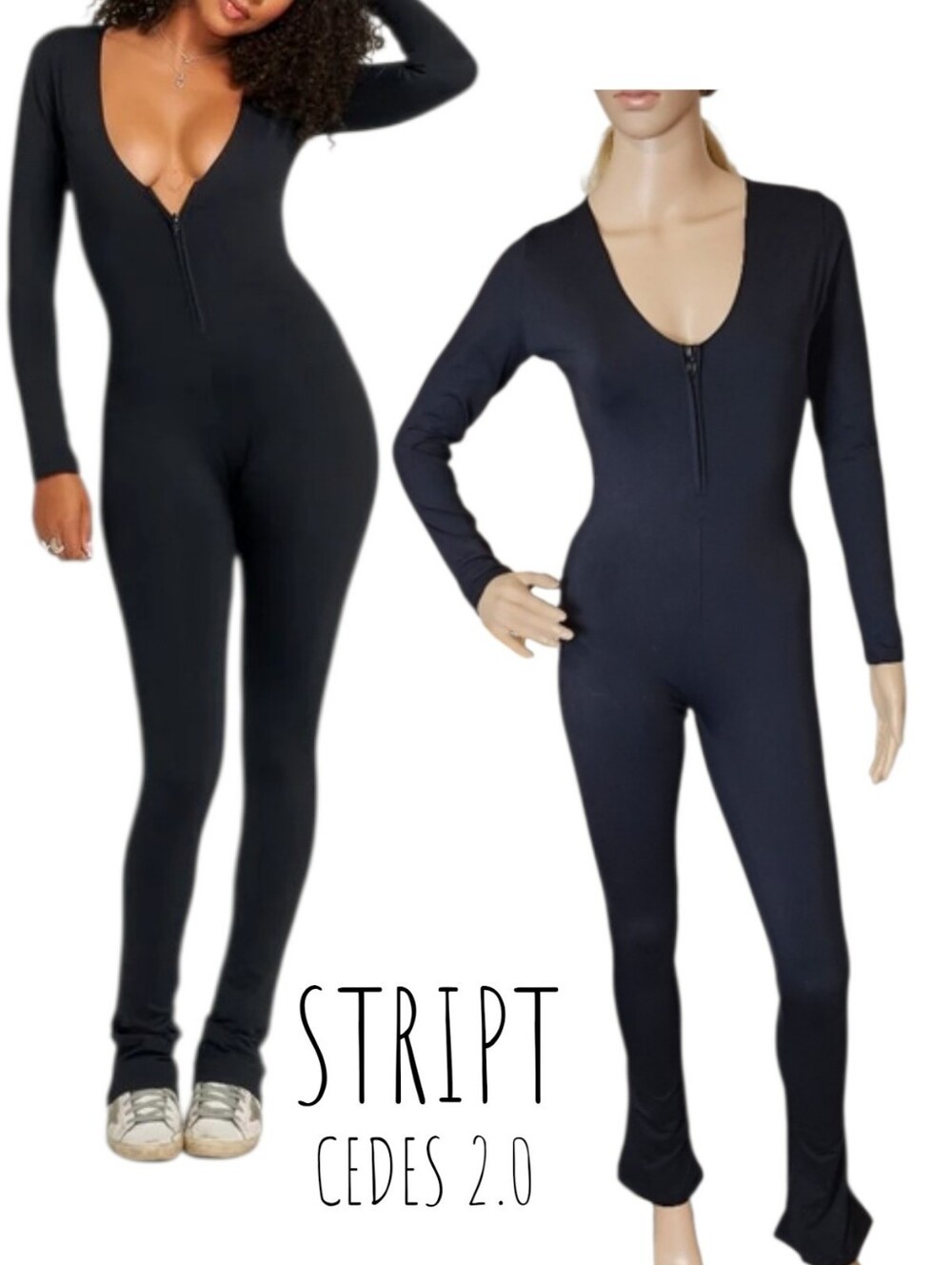 Stript Women Cedes 2.0 Black Compression Body Suit Cat Suit Flare Cuffs M
